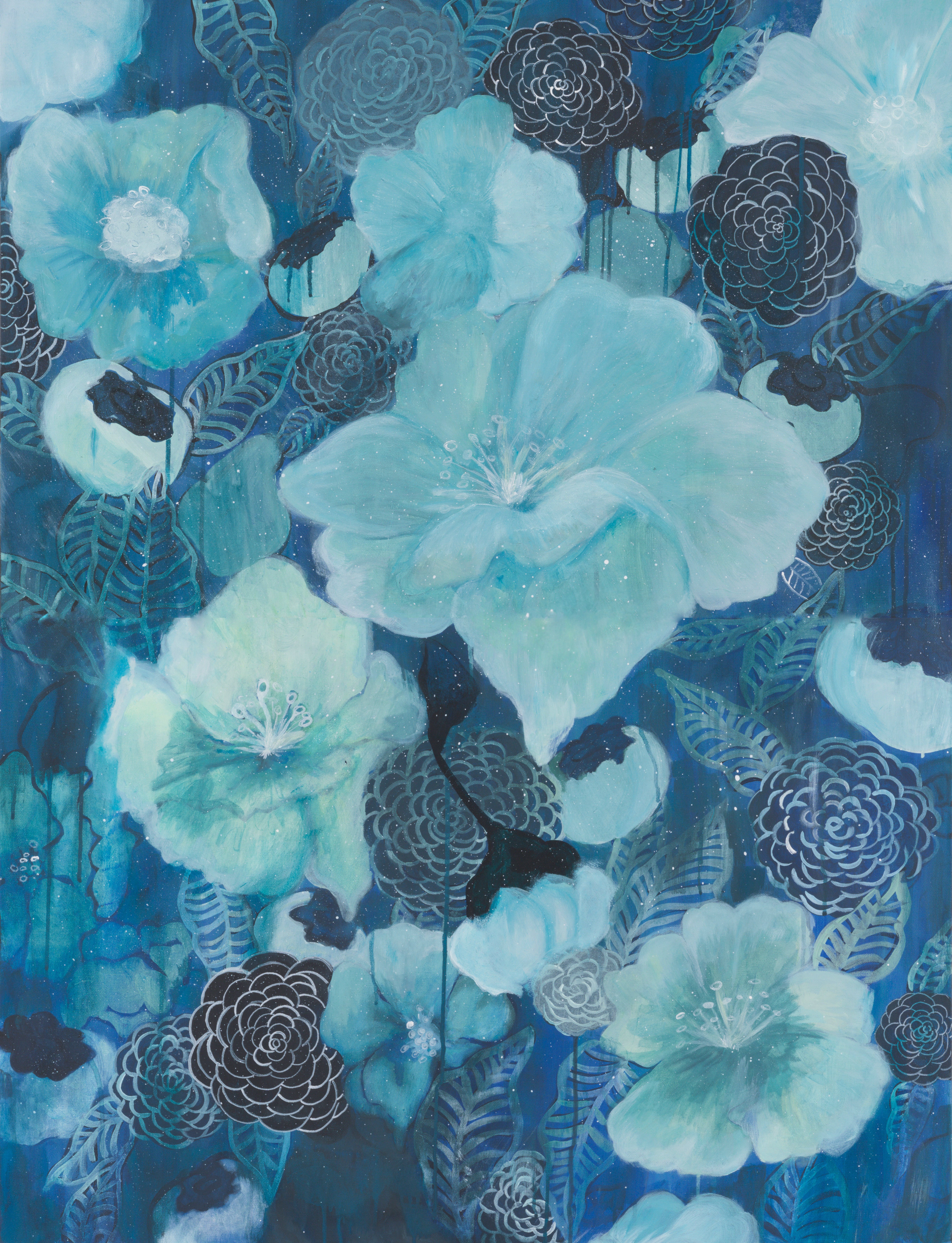 a painting of blue flowers on a blue background