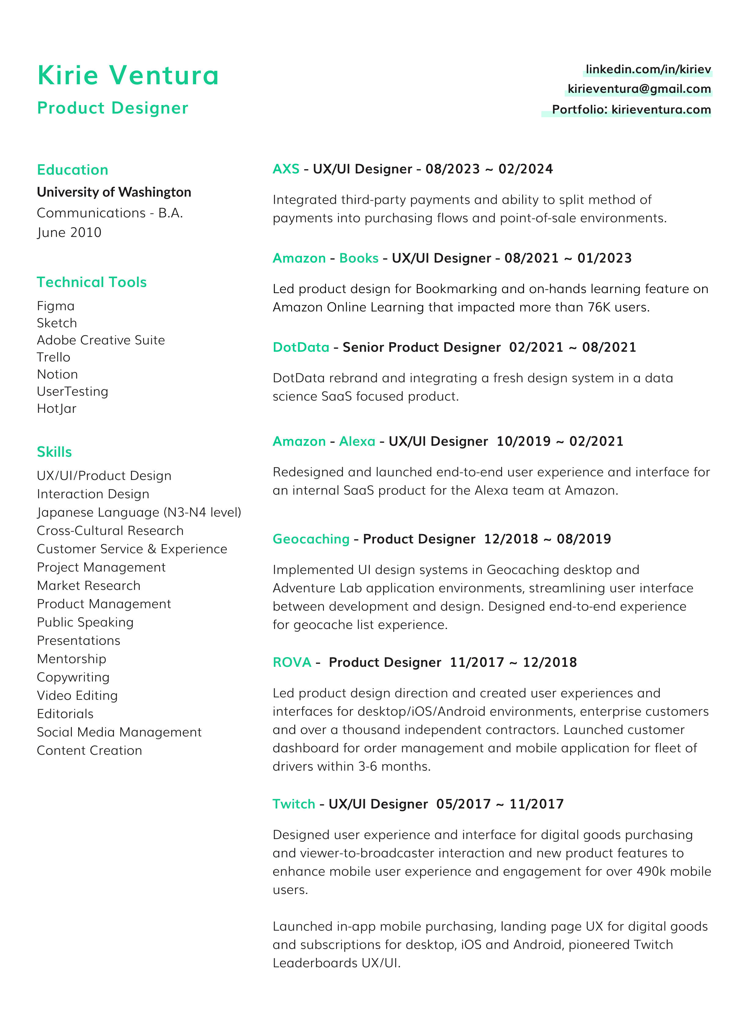 a green and white resume with a green background