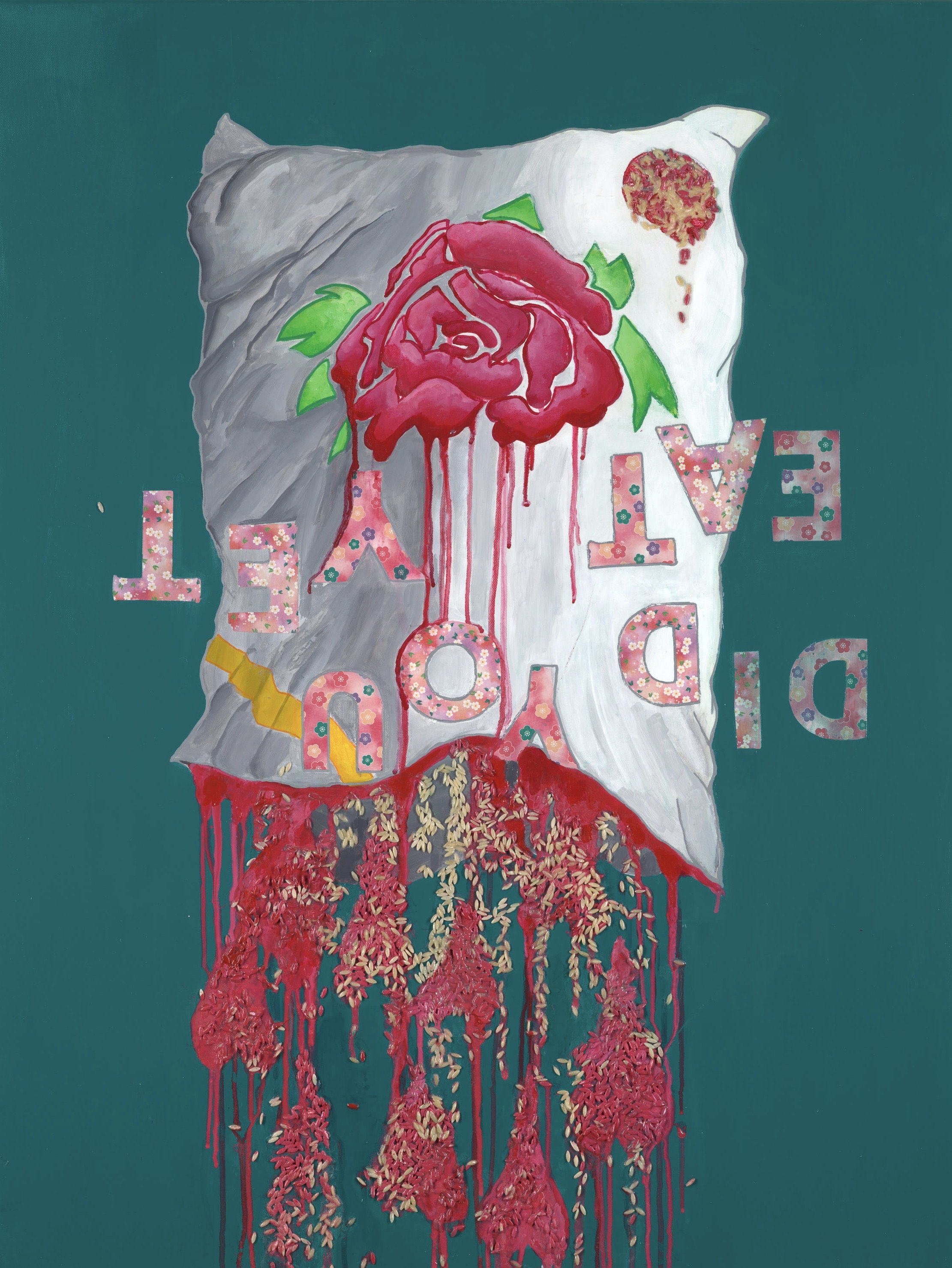 a painting of a pillow with blood dripping from it