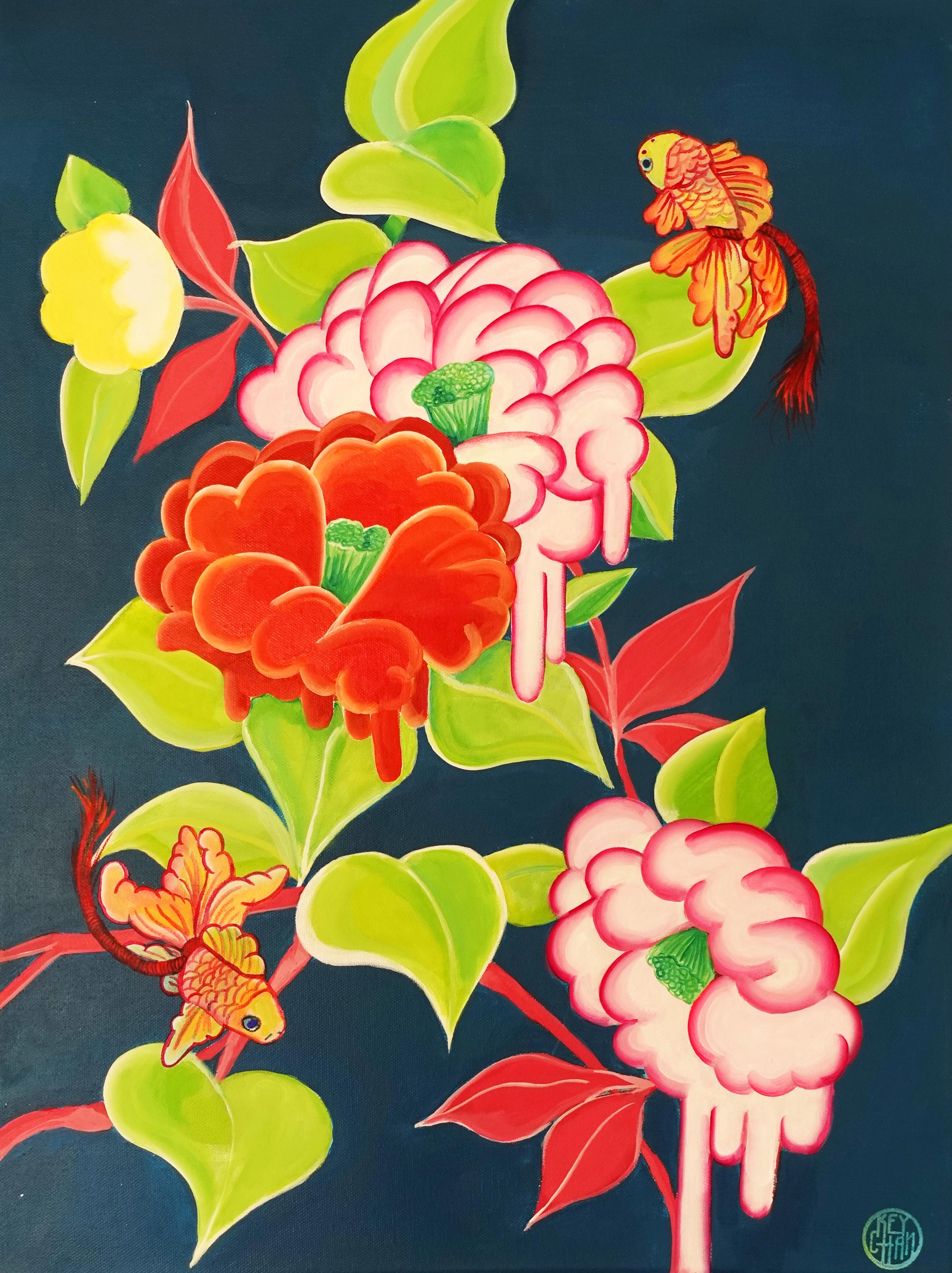 a painting of flowers and fish on a blue background